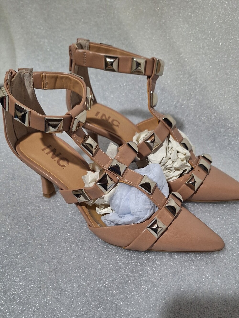INC International Concepts Blush Nude Studded T-Strap Pointed Heels